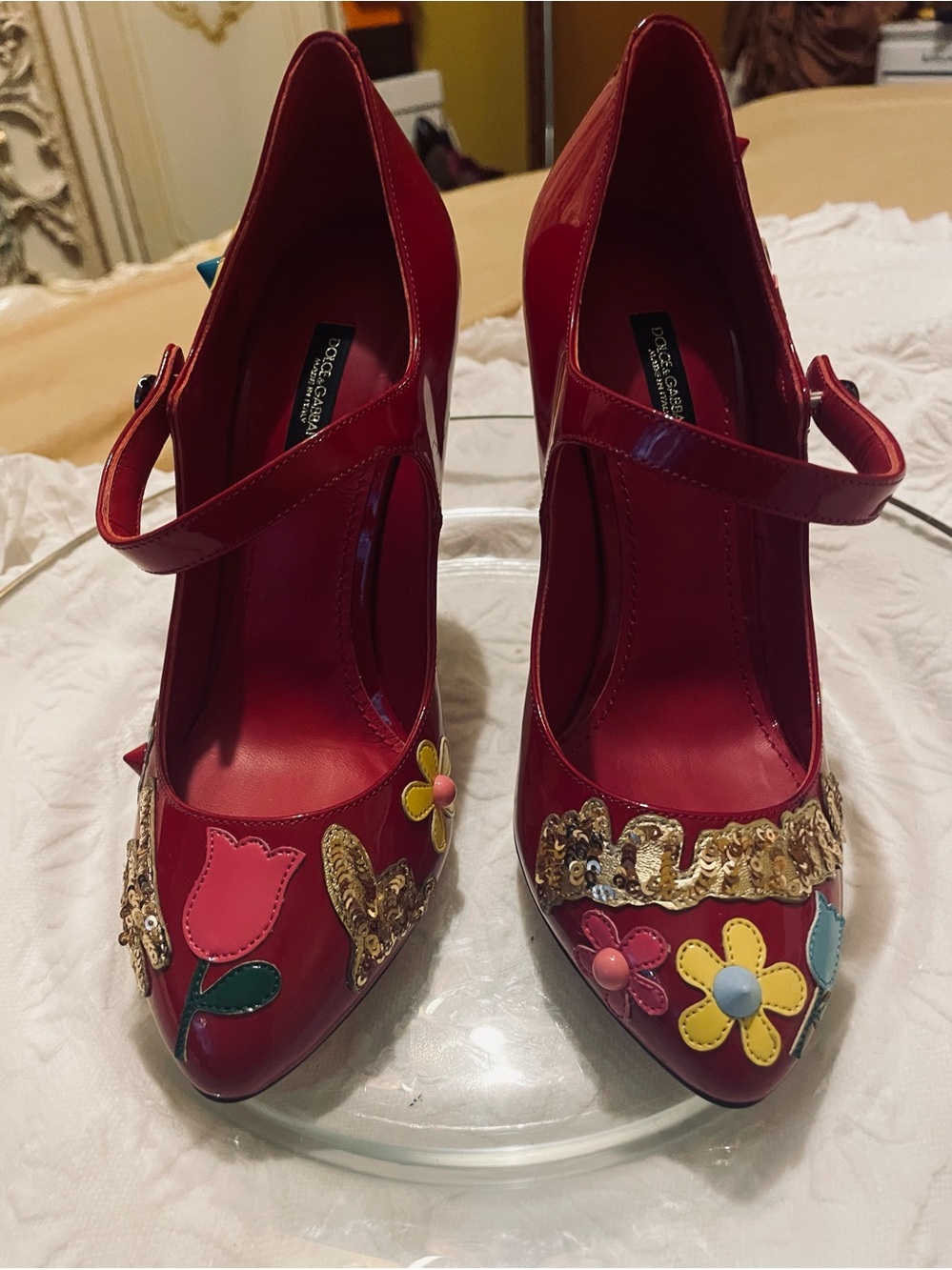Dolce & Gabbana Bright Red Satin Floral Appliqué Mary Jane Heels